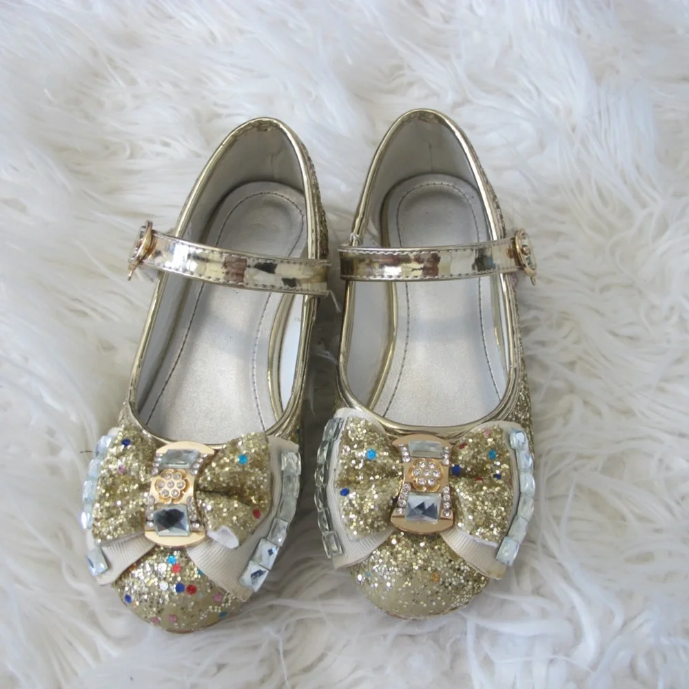 Girls Heels Party Mary Jane  Dance Pump Crystal Bow Knot Size 11.5 gold EUC - Picture 3 of 6